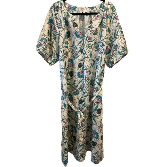 LOFT XXL Linen floral boho midi dress puff sleeve Cottagecore prairie - Picture 3 of 10